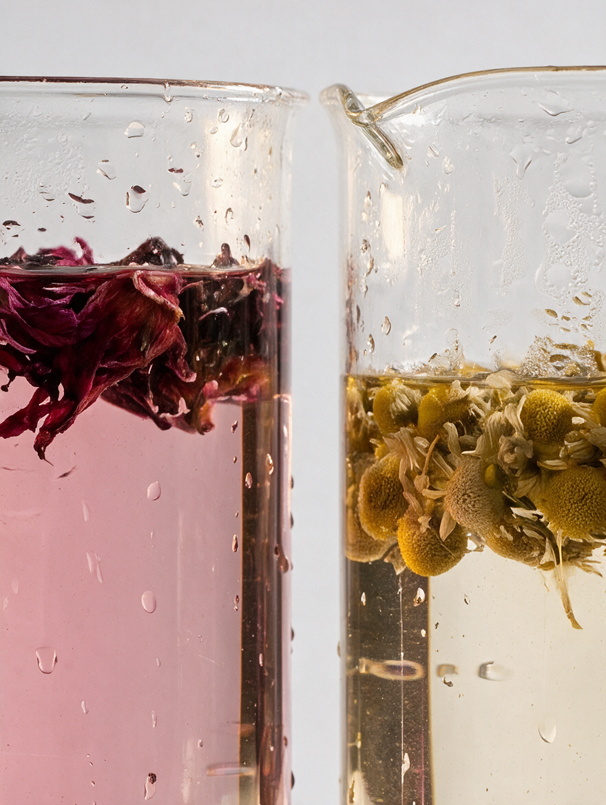 Hibiskus och kamomill i labbglas — aktiva botaniska ingredienser